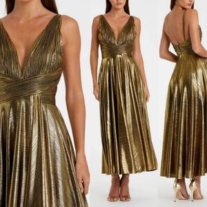 NWT IEENA MAC DUGGAL XL V-Neck Pleated Top MetallicDress Gold 30761